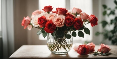 Obraz na płótnie Canvas Gorgeous roses resting on a windowsill generative ai