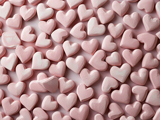 Background full of candies in pink shades with heart shapes and different sizes. Valentine's Day Concept