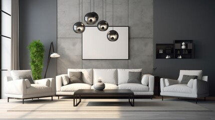 Contemporary Clean living room interior with Sofa, table and Ceiling light. 3D Rendering