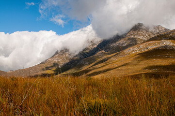 Dramatic clouds and mountains, ragged peaks in natural landscape in the Outeniqua mountains in the fynbos region of the western cape 