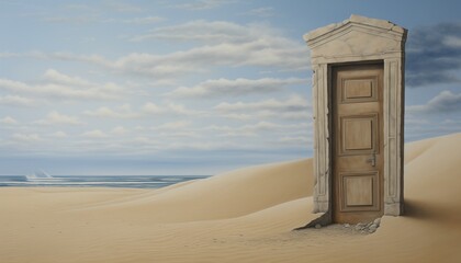 an old wooden door in the desert with sand dunes - obrazy, fototapety, plakaty