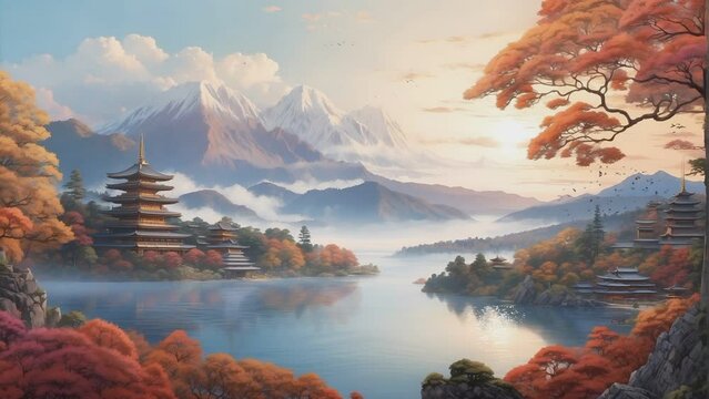 A serene landscape of morning sky, hills, ancient houses, with simple animation in Japanese anime watercolour style. A smooth looping video perfect for your projects.