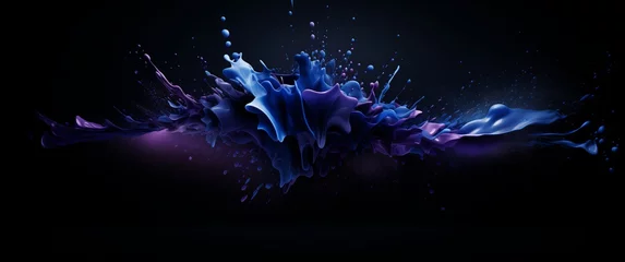 Fotobehang Abstract Background - Liquid Paint Splashing on Black Surface. Dynamic and Artistic Design Element for Creative Projects, Adding a Splash of Color to the Dark Canvas. Captivating Visuals in Motion. © Elzerl