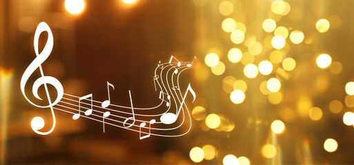 Music notes on blurred background, bokeh effect. Banner design