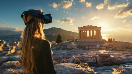 Girl using the virtual reality headset with an intact ancient Greek temple, game technology concept image - obrazy, fototapety, plakaty