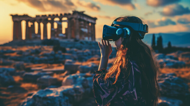 Girl using the virtual reality headset with an intact ancient Greek temple, game technology concept image