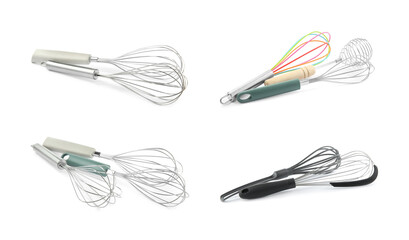 Different whisks isolated on white, collection. Kitchen tool