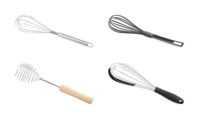Different whisks isolated on white, collection. Kitchen tool
