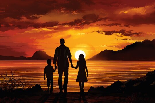 Silhouette of family standing sunset background This coloring page features fine detail and crisp lines,