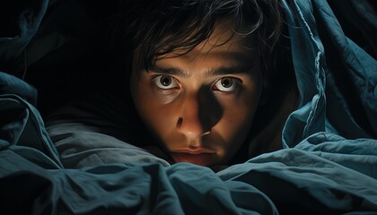 Restless insomniac struggling to sleep, displaying signs of restlessness, unease, and indifference