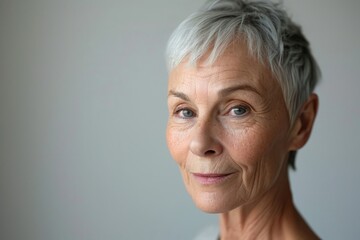 Portrait of a senior woman with grey hair looking at the camera - obrazy, fototapety, plakaty