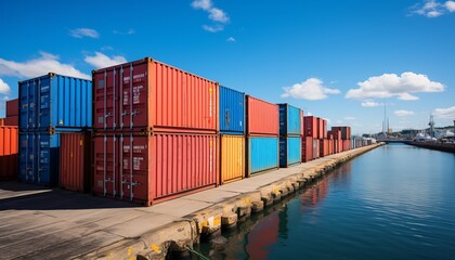 Fototapeta premium shipping containers floating in the sea, transporting cargo, with copyspace, against a blue sky