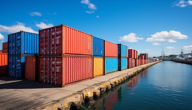 shipping containers floating in the sea, transporting cargo, with copyspace, against a blue sky