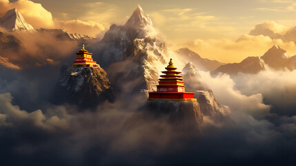 Majestic buddhist temple nestled in misty mountain surroundings at dawn exudes serenity and spiritual awakening, dreamlike tibetan temple radiates atmosphere of calm and tranquility - obrazy, fototapety, plakaty