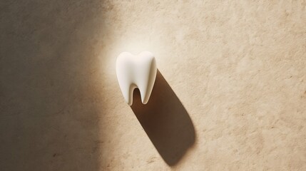 Human tooth against stone beige background with shadow cast by strong light, represents simplicity maintaining healthy teeth, child milk tooth, minimalistic dental care concept - obrazy, fototapety, plakaty