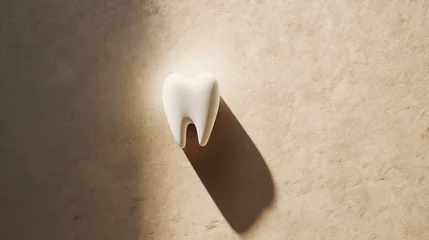 Foto op Aluminium Human tooth against stone beige background with shadow cast by strong light, represents simplicity maintaining healthy teeth, child milk tooth, minimalistic dental care concept © TRAVELARIUM