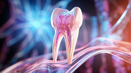 Translucent tooth with visible pulp, vessels and nerves against vibrant abstract backdrop intricate complexity of dental anatomy, maintaining robust tooth roots and vital pulp for oral well being - obrazy, fototapety, plakaty