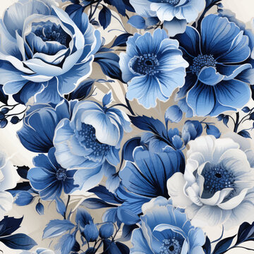 seanless pattern of white and blue roses