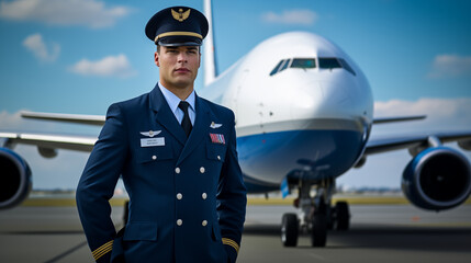 man wear formal pilot uniform stand with airplane boeing 747 on airport