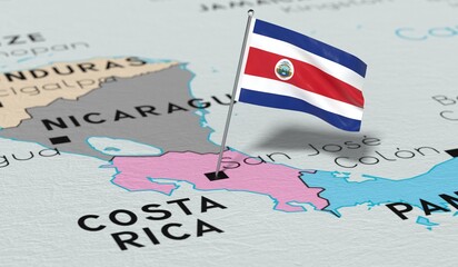 Costa Rica, San Jose - national flag pinned on political map - 3D illustration