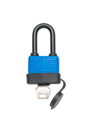 Classic blue lock with an inserted key isolated on a white background.