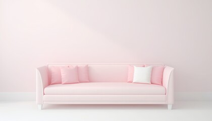 Pink Sofa & Cozy Pillows Adorn White Room: Inviting Lounge Setup for Chic Comfort & Relaxation. Stylish Living Space Concept.