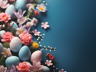Obraz na płótnie Canvas Easter background with copy space: colorful eggs and spring flowers on a blue background