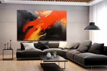 Bold strokes of onyx black and fiery orange colliding, crafting a powerful and intense abstract masterpiece on the canvas.