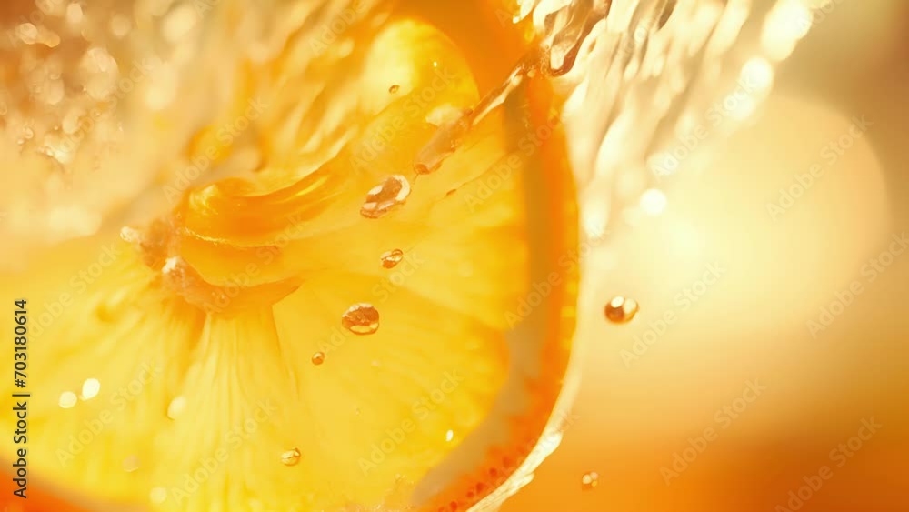 Poster closeup of a sparkling tail, bubbling with effervescence and a slice of lemon perched on the edge of