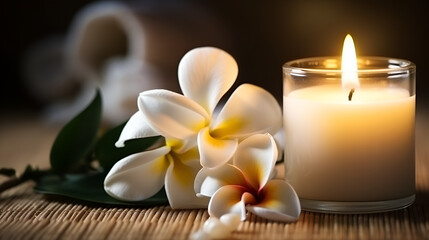 Candles and flowers on a table with a plumeria flower, generative ai