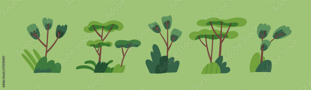 Poster green trees. abstract forest plants with trunks and leaf branches. botanical nature set. summer and 