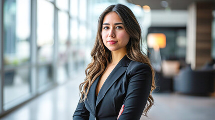 Successful businesswoman standing in creative office and looking at camera.