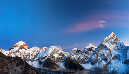 The twilight sky over Mount Everest, Nuptse, Lhotse, and Makalu - obrazy, fototapety, plakaty
