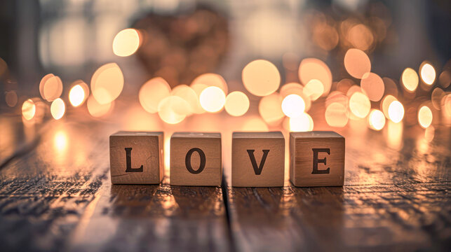 Love message written in wooden blocks in bokeh background. Valentine day.
