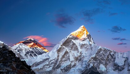 The twilight sky over Mount Everest, Nuptse, Lhotse, and Makalu