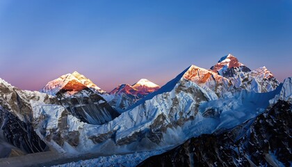 The twilight sky over Mount Everest, Nuptse, Lhotse, and Makalu - obrazy, fototapety, plakaty