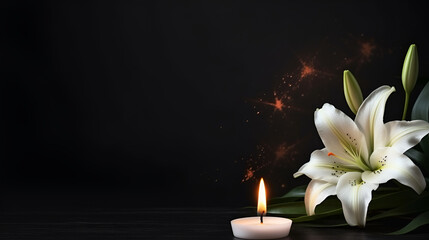 White lily and candle on dark table room for text Symbol of funeral, generative ai
 - obrazy, fototapety, plakaty