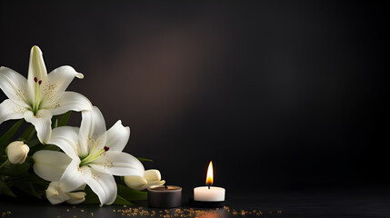 White lily and candle on dark table room for text Symbol of funeral, generative ai
