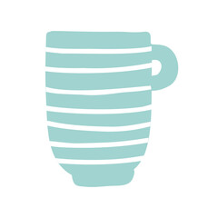 Blue cup mug isolated vector icon. Single object clipart mug with handle. Flat colored design.