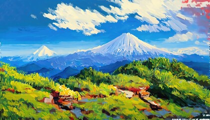 Fujisawa Mountain Summer in watercolor painting - obrazy, fototapety, plakaty