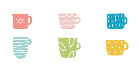Set of mugs cups isolated vector icons in different colors on white background. Cute flat design elements clipart illustrations.