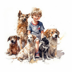 Joyful Watercolor Painting of a Young Boy Playing with His Dogs Outdoors