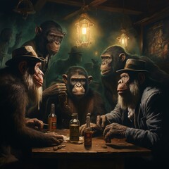 Inclusive Representation - Multiracial Monkeys Playing Poker at a Bar in night