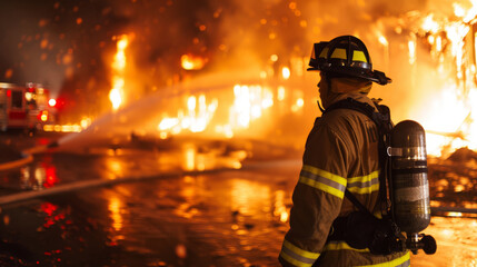 Naklejka premium Firefighter in action, checking a raging fire at night.