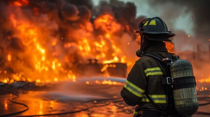 Naklejka premium Firefighter in action, dousing a raging fire at night with a fire hose.