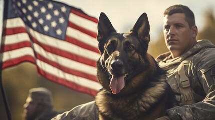 Expansive view capturing the unity between a military man and his service German Shepherd with the US flag as a backdrop, celebrating Veterans Day. - obrazy, fototapety, plakaty