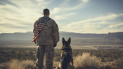 Landscape shot featuring the back of a military man and his service German Shepherd, symbolizing unity and patriotism against the US flag on Veterans Day. - obrazy, fototapety, plakaty