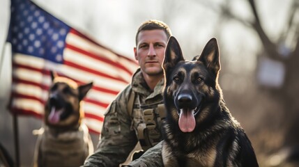 Landscape shot featuring the strength and loyalty of a military man and his service German Shepherd against the backdrop of the US flag on Veterans Day.