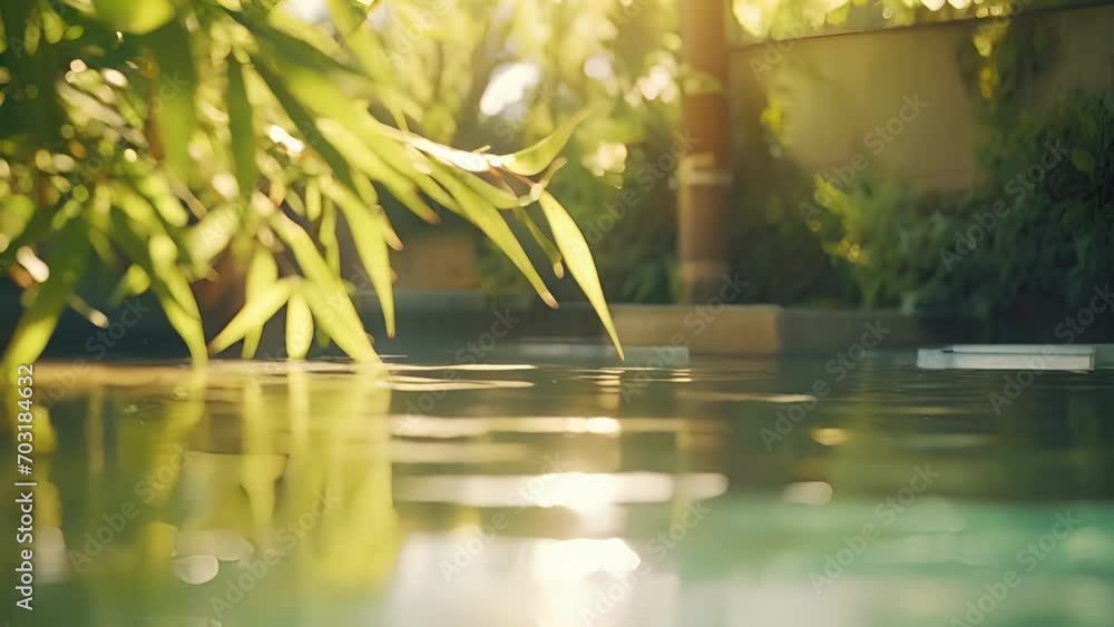 Poster closeup of the tranquil pool at the base of the bamboo fountain, reflecting the surrounding greenery