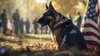 Overview of a wide scene displaying the camaraderie between a military man and his service German Shepherd, paying tribute to Veterans Day with the US flag. .